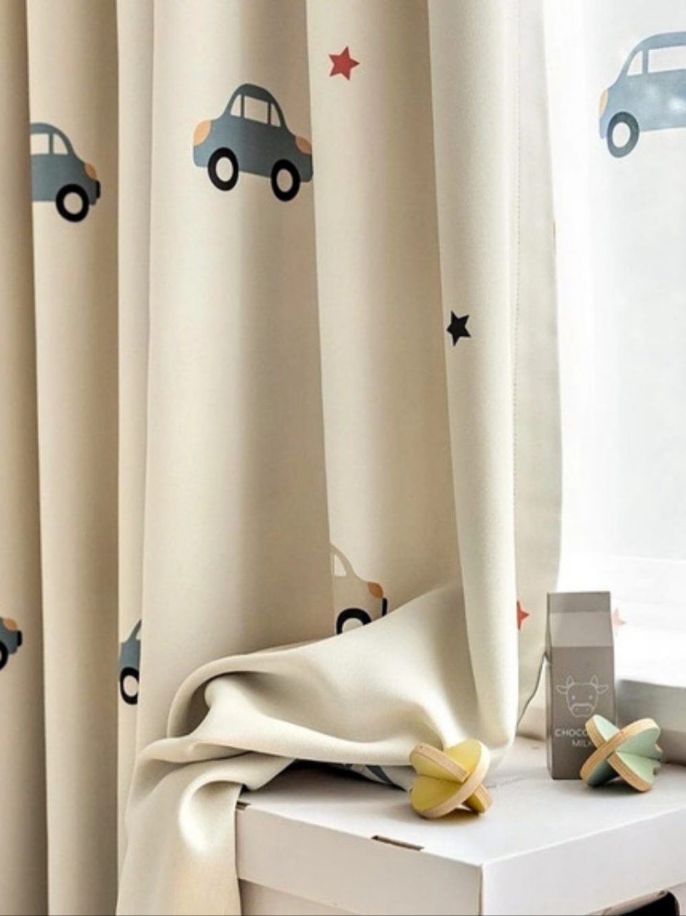 Vehicle Print Curtain Panel in Cream & Blue Like New